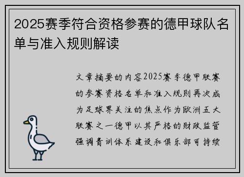 2025赛季符合资格参赛的德甲球队名单与准入规则解读