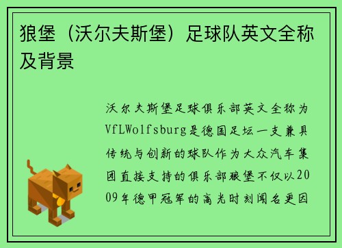 狼堡（沃尔夫斯堡）足球队英文全称及背景